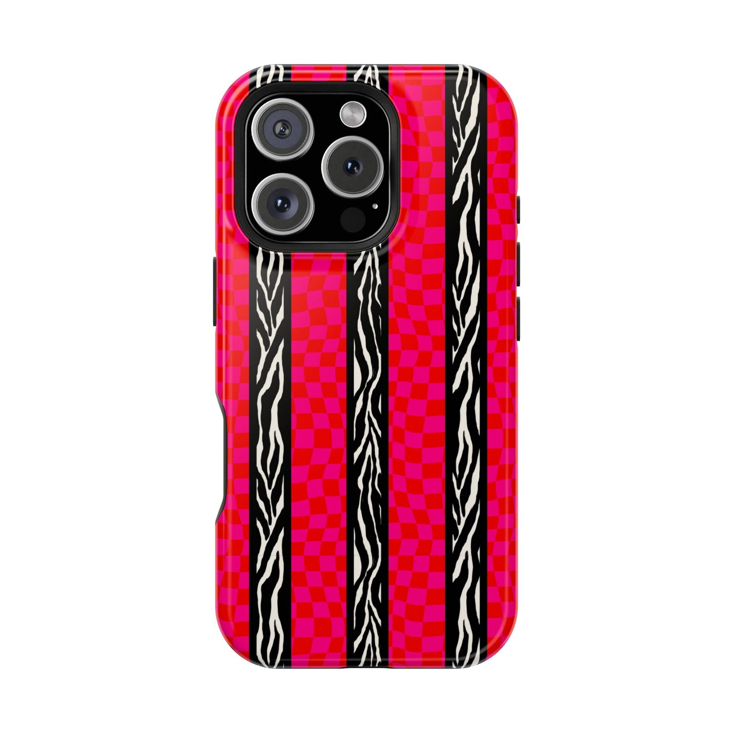 HOT PINK ZEBRA CHECKERED MAGSAFE IMPACT-RESISTANT PHONE CASE