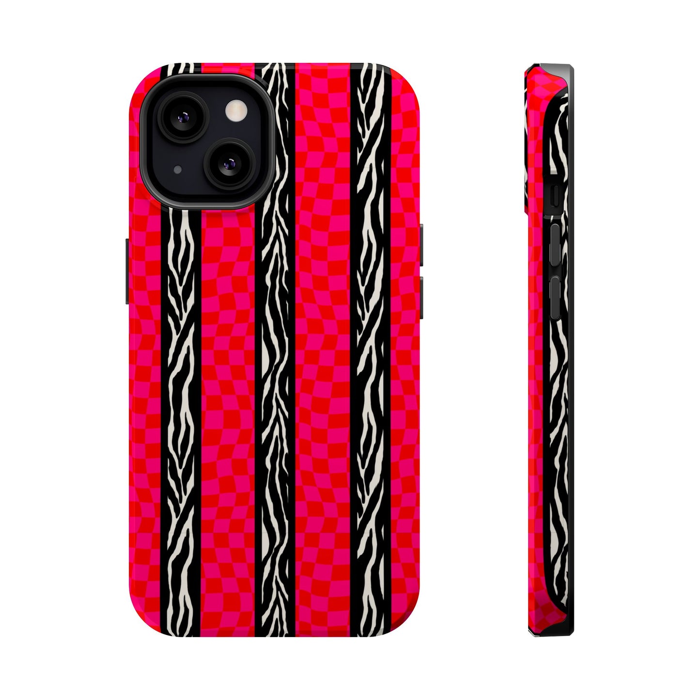 HOT PINK ZEBRA CHECKERED MAGSAFE IMPACT-RESISTANT PHONE CASE