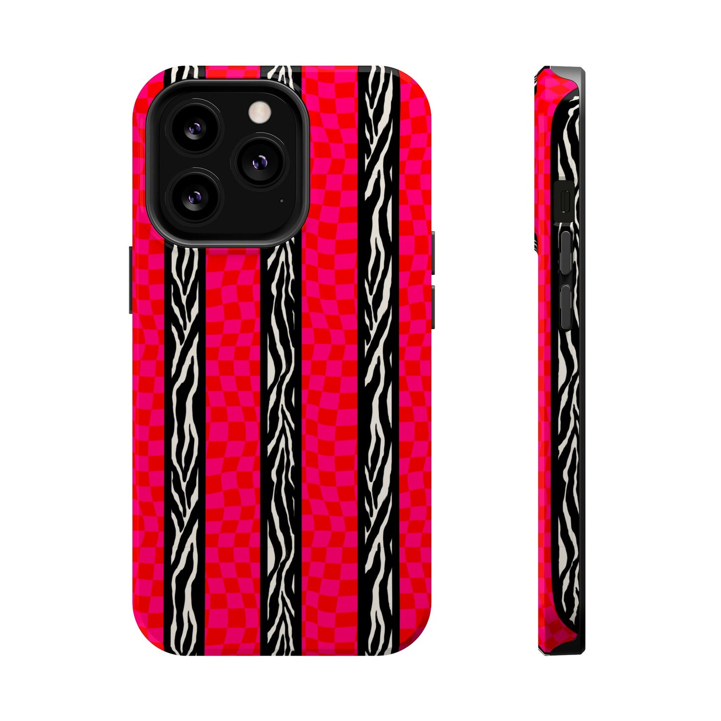 HOT PINK ZEBRA CHECKERED MAGSAFE IMPACT-RESISTANT PHONE CASE