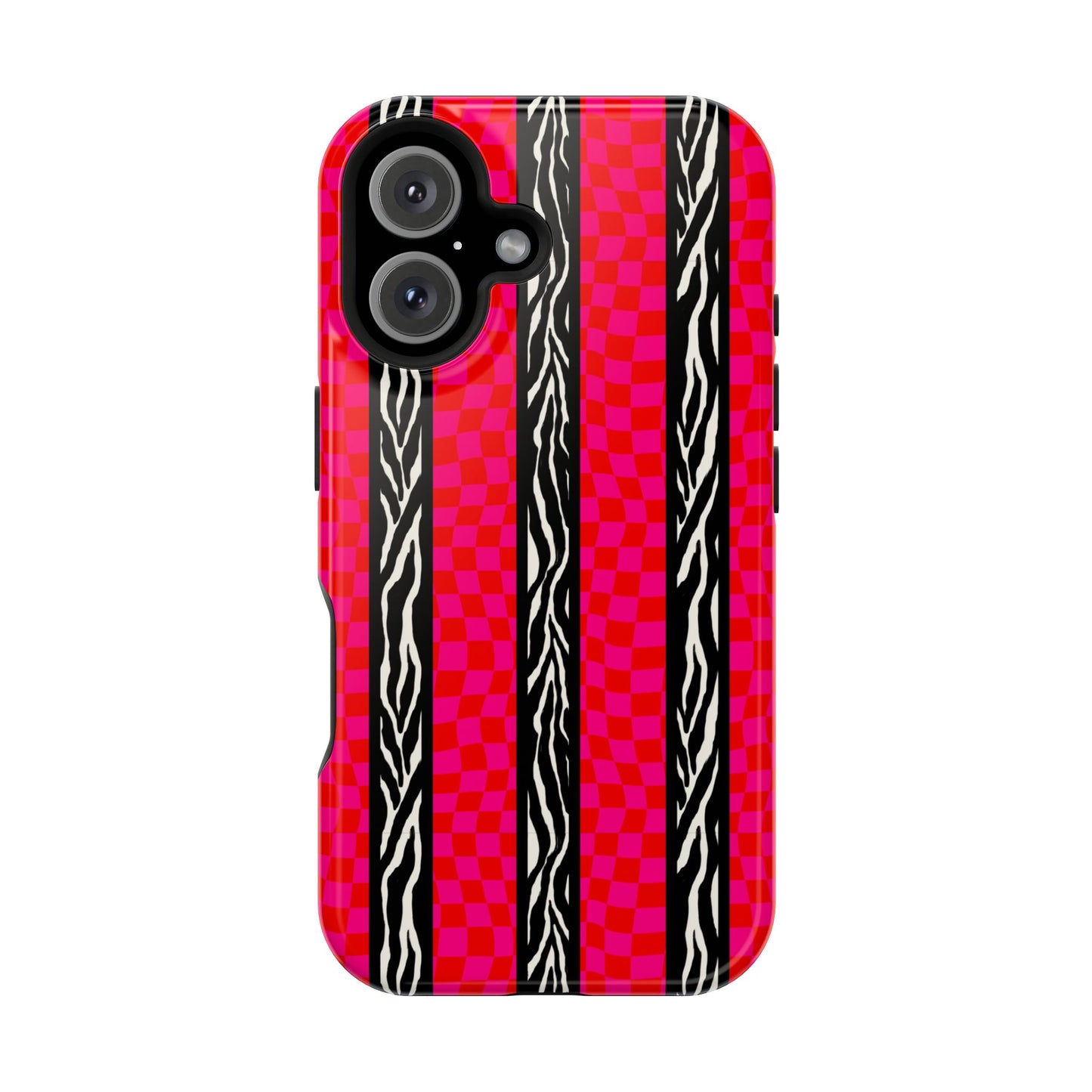HOT PINK ZEBRA CHECKERED MAGSAFE IMPACT-RESISTANT PHONE CASE
