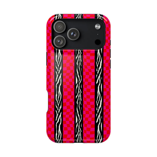 HOT PINK ZEBRA CHECKERED MAGSAFE IMPACT-RESISTANT PHONE CASE